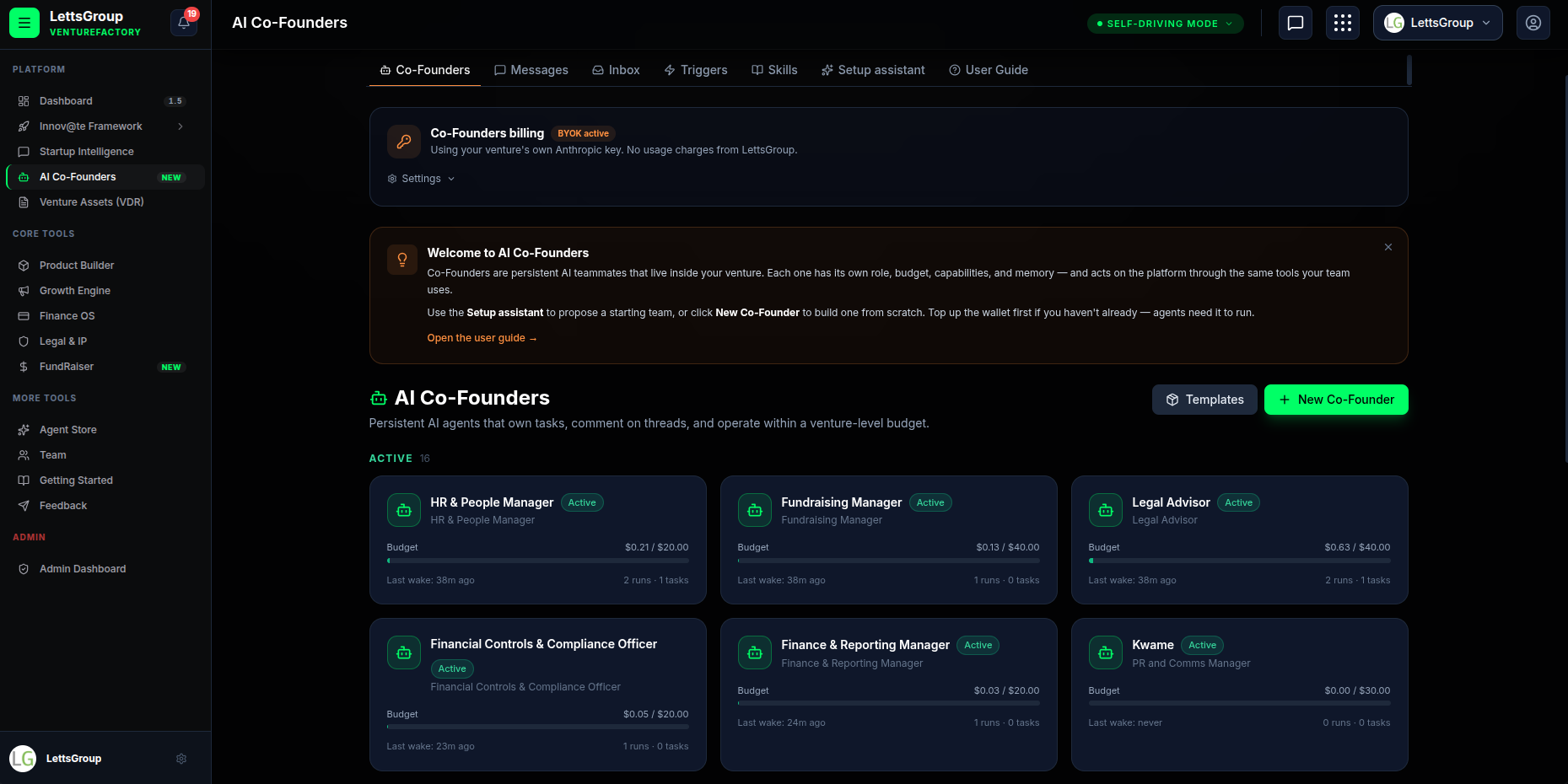VentureFactory AI Co-Founders dashboard listing active persistent AI agents with budgets and run history