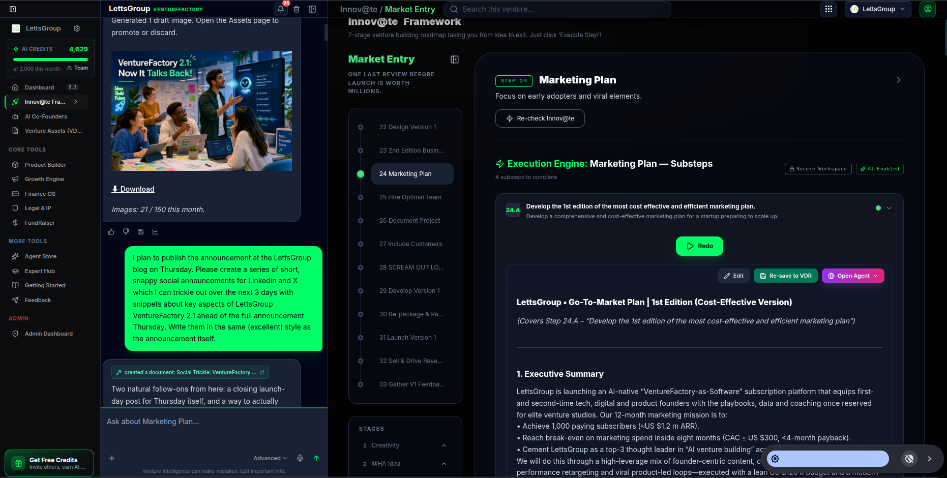 VentureFactory Marketing Plan execution engine with Startup Intelligence chat and step-by-step venture building journey