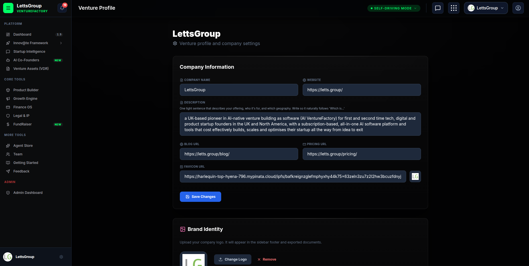 VentureFactory Venture Profile settings showing company information and brand identity configuration