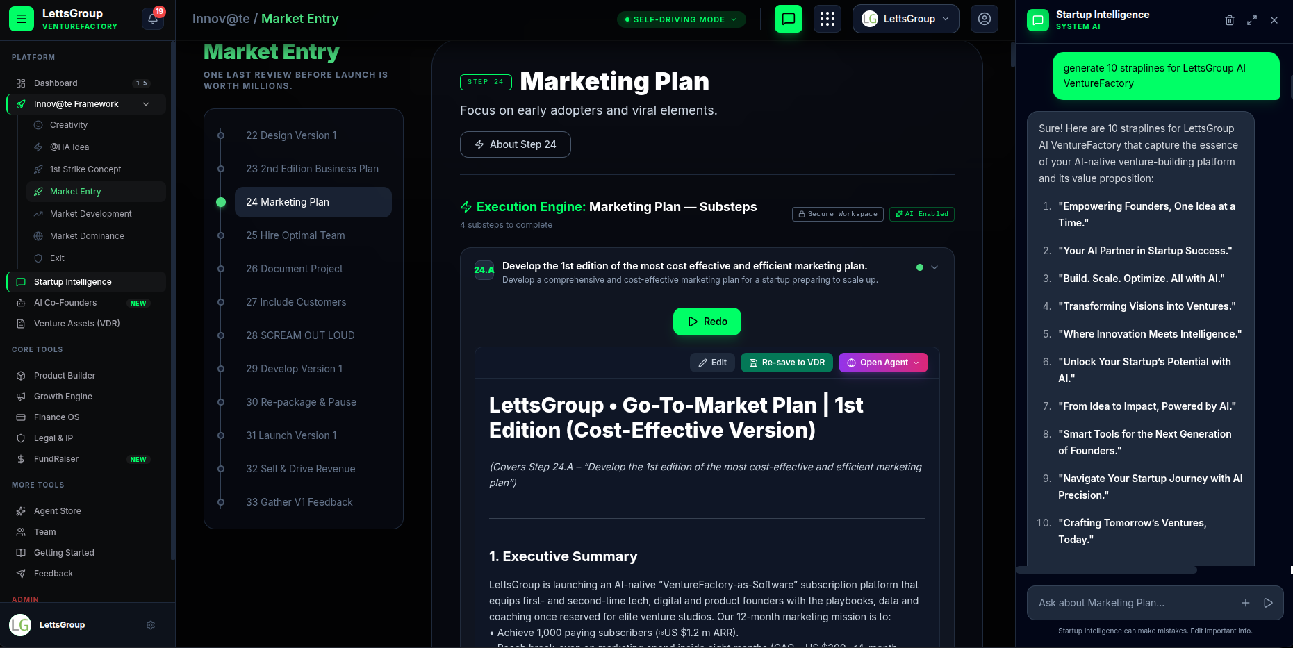 VentureFactory Marketing Plan execution engine with Startup Intelligence chat and step-by-step venture building journey
