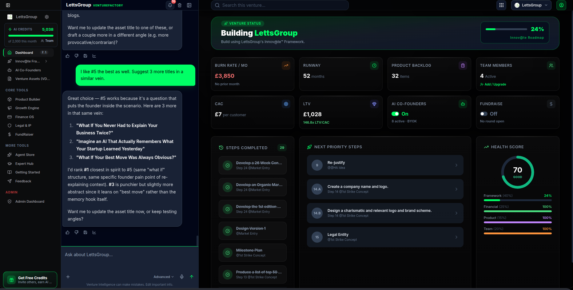 VentureFactory founders dashboard with venture dials, KPIs and health score