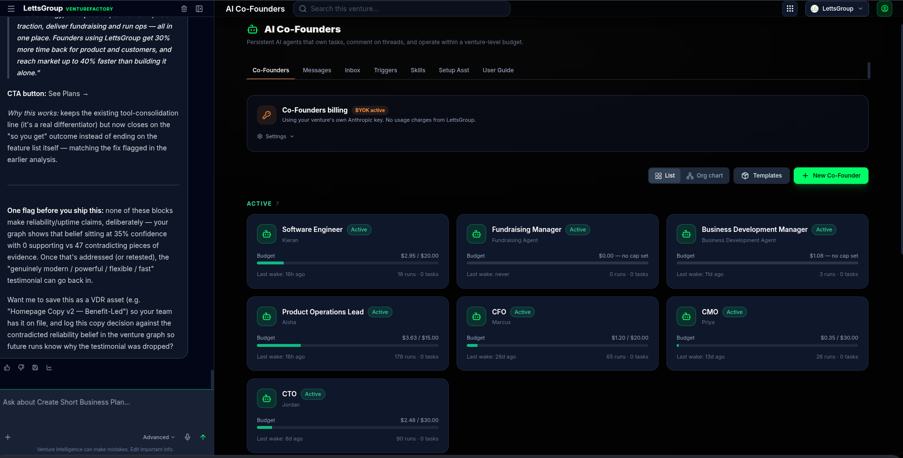 VentureFactory AI Co-Founders dashboard listing active persistent AI agents with budgets and run history