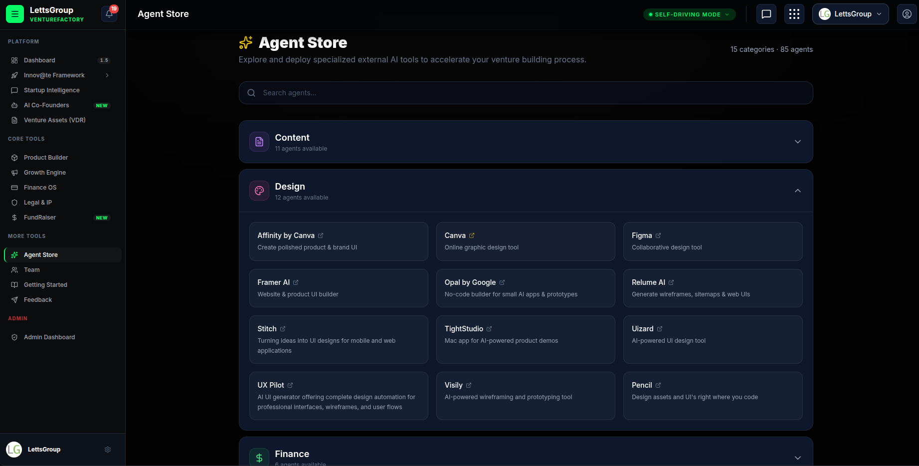 VentureFactory Agent Store with 3rd party AI agents organised by business function