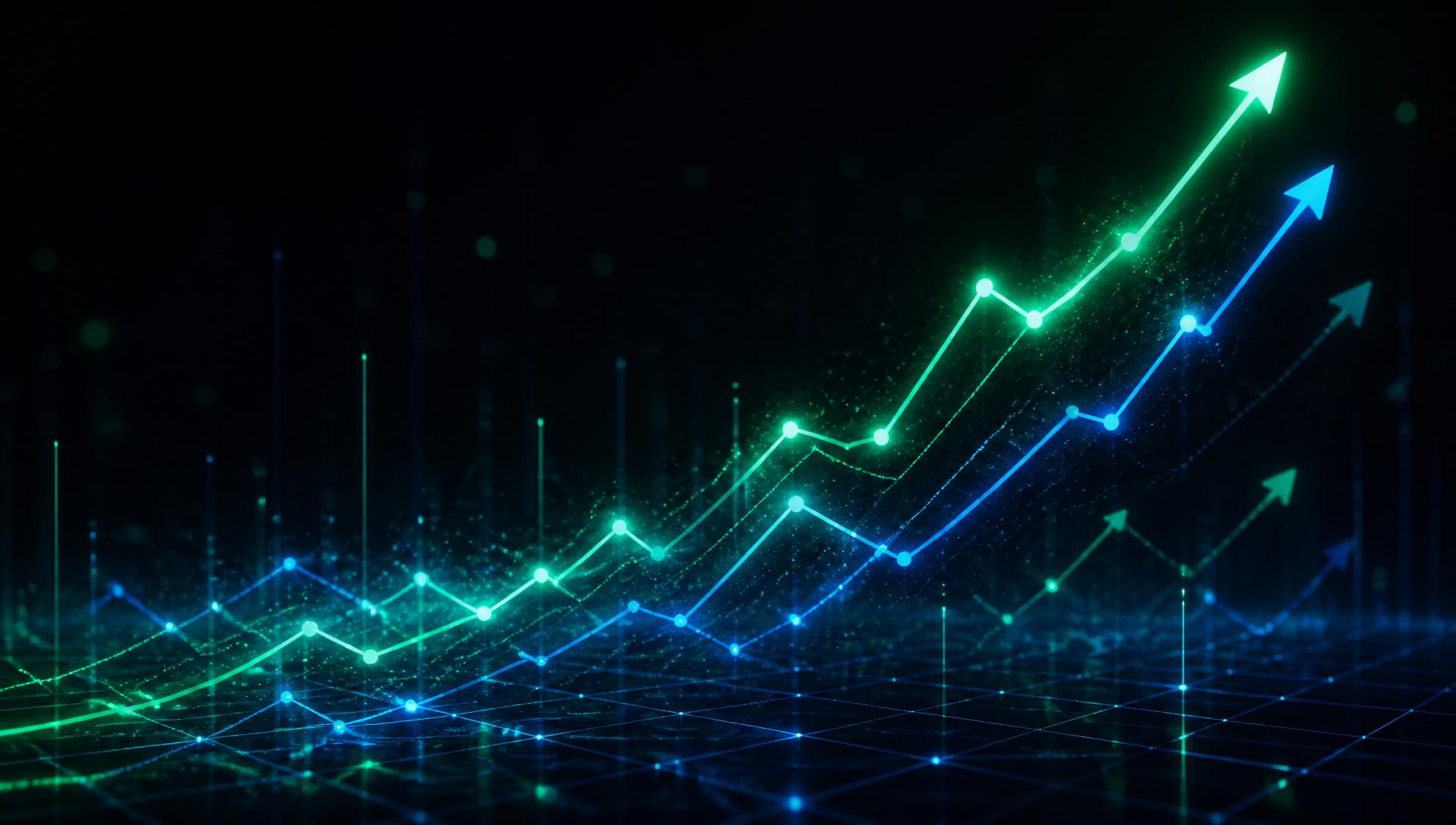 Glowing upward growth trajectories representing ventures built, scaled and exited