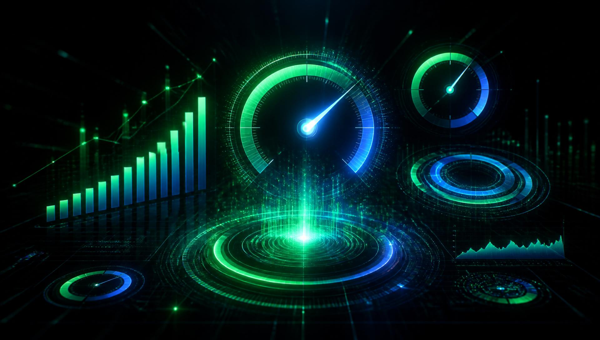 Holographic performance gauges and metrics representing breakthrough venture performance