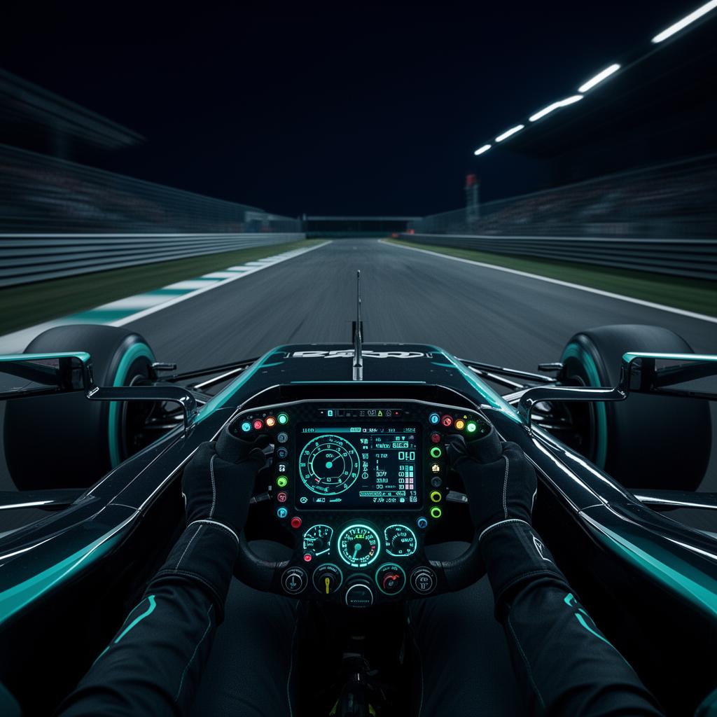 Formula 1 cockpit dashboard with glowing dials and track ahead