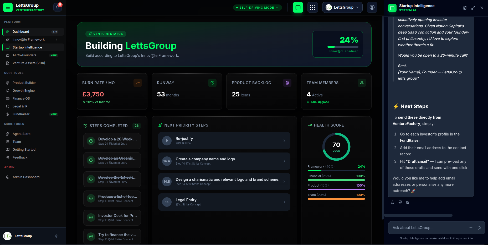 VentureFactory founders dashboard with venture dials, KPIs and health score