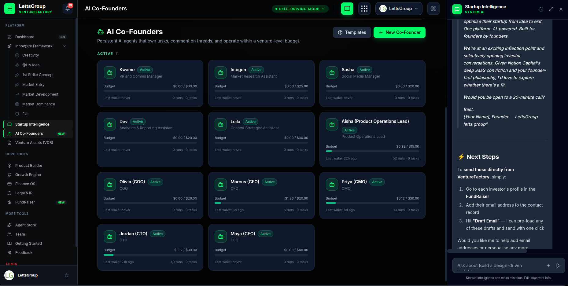 Multi-agent AI Co-Founders dashboard