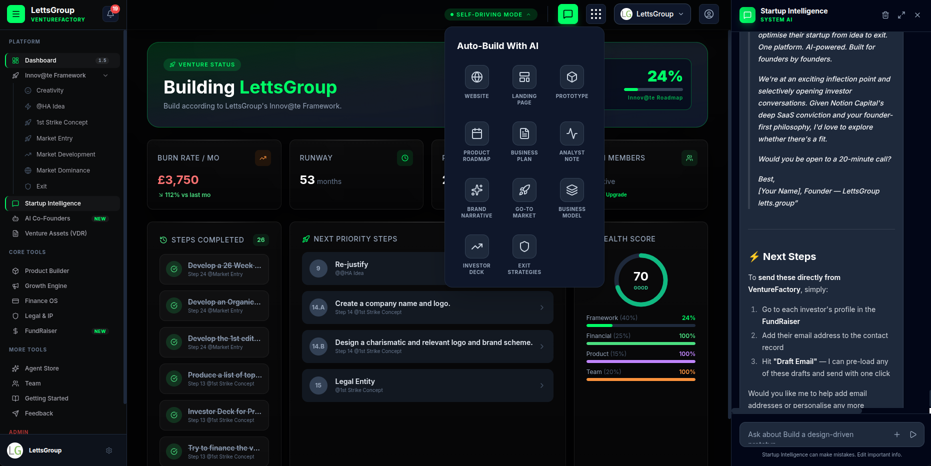 Self-Driving Mode venture dashboard with health score