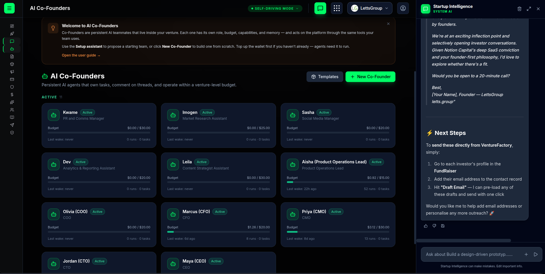 Multi-agent AI Co-Founders dashboard