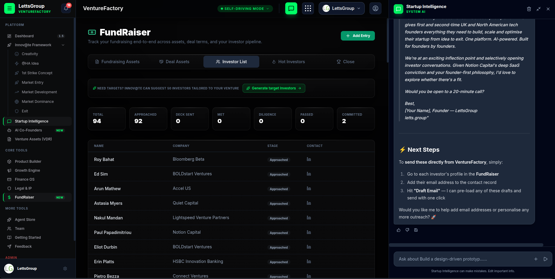Startup Intelligence FundRaiser investor pipeline