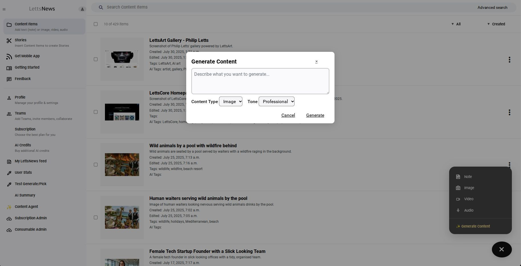 LettsNews 1 Dashboard Screenshot