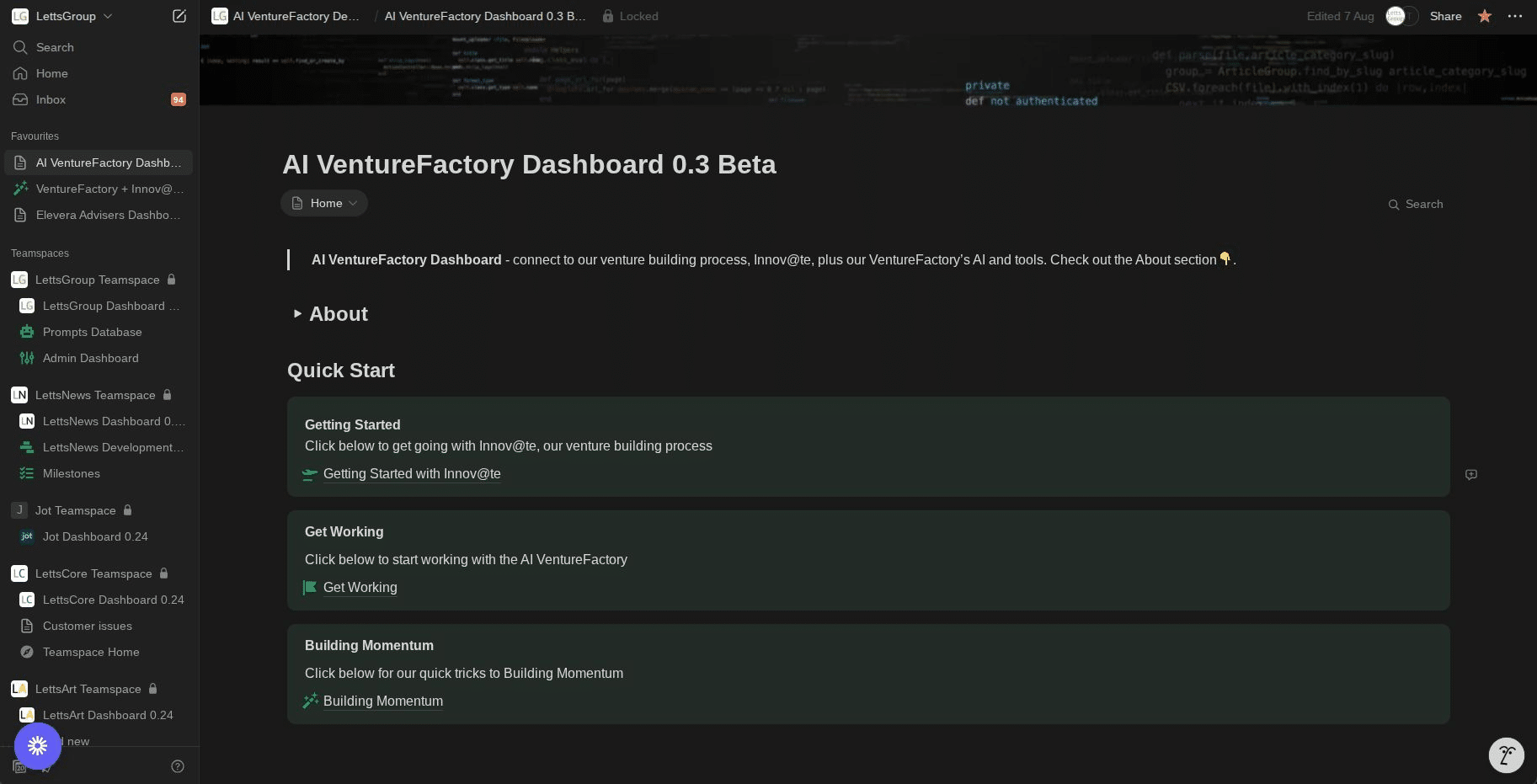 AI VentureFactory Dashboard 0.3 - Top Section
