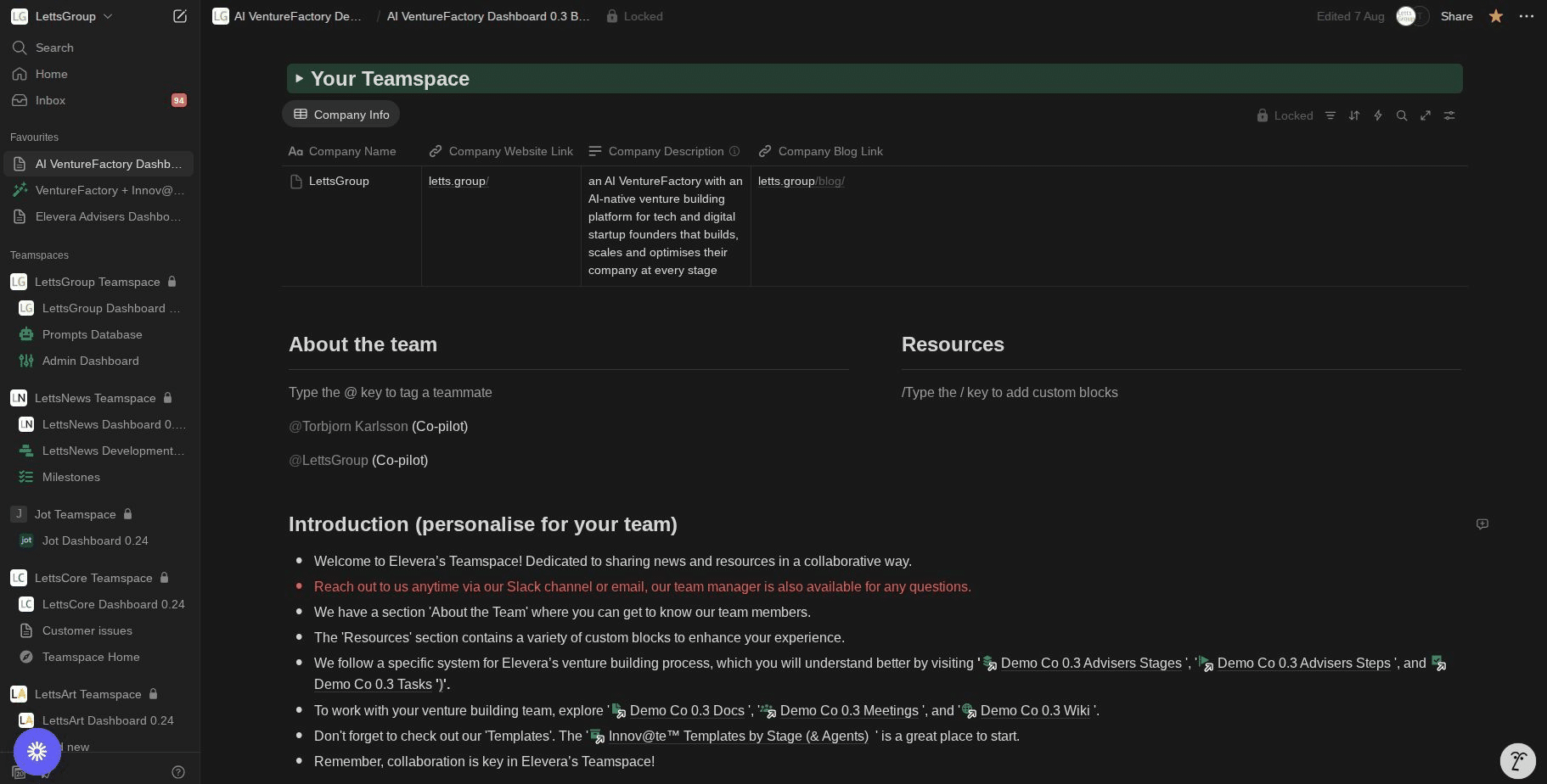 AI VentureFactory Dashboard 0.3 - Your Teamspace