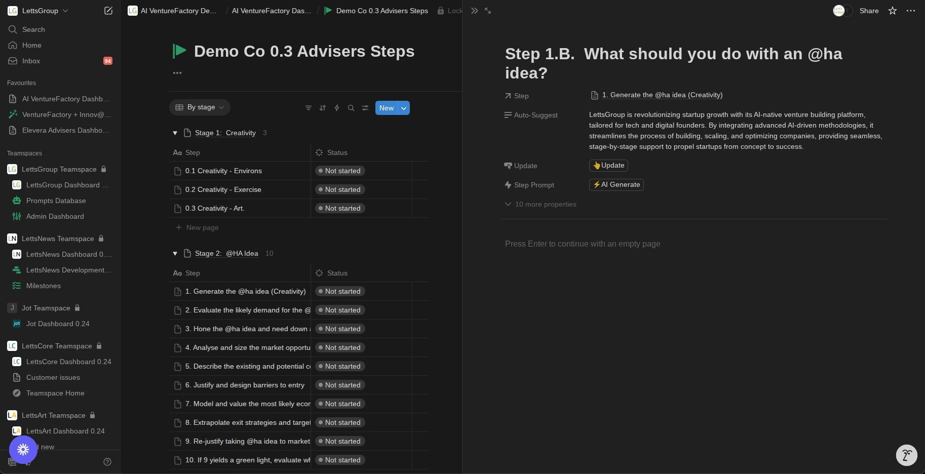 AI VentureFactory Dashboard 0.3 - Generating AI Outputs for each Step