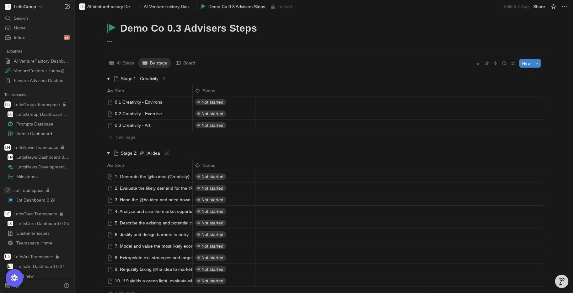 AI VentureFactory Dashboard 0.3 - Steps Section