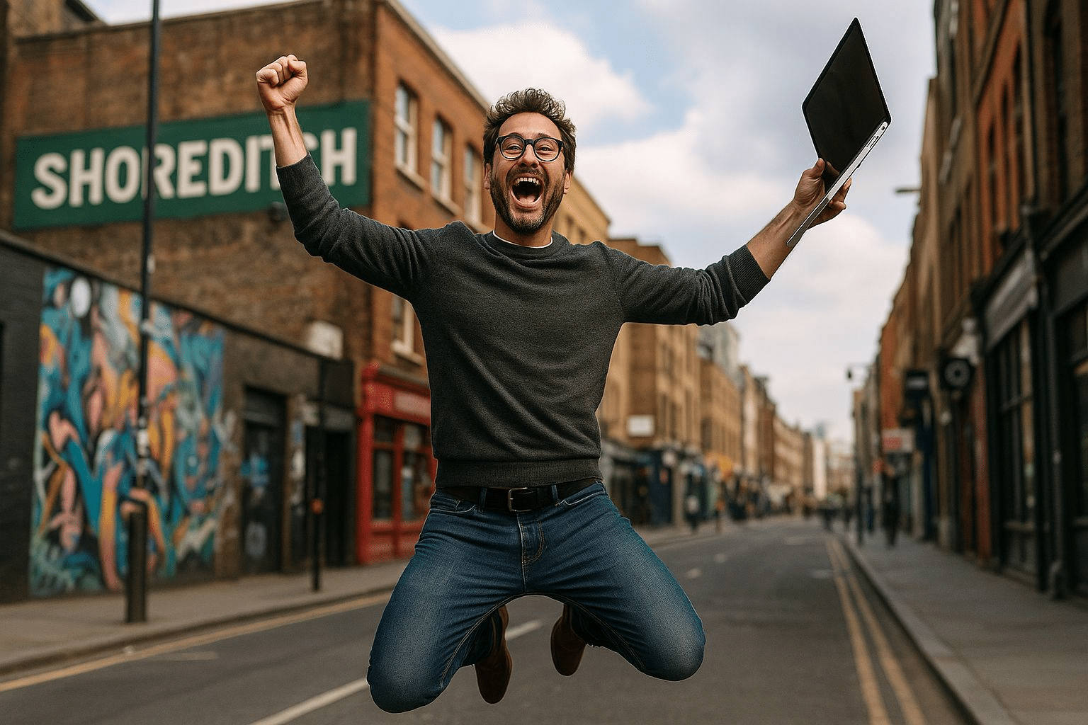 Tech Entrepreneur Jumping for Joy in Shoreditch, London