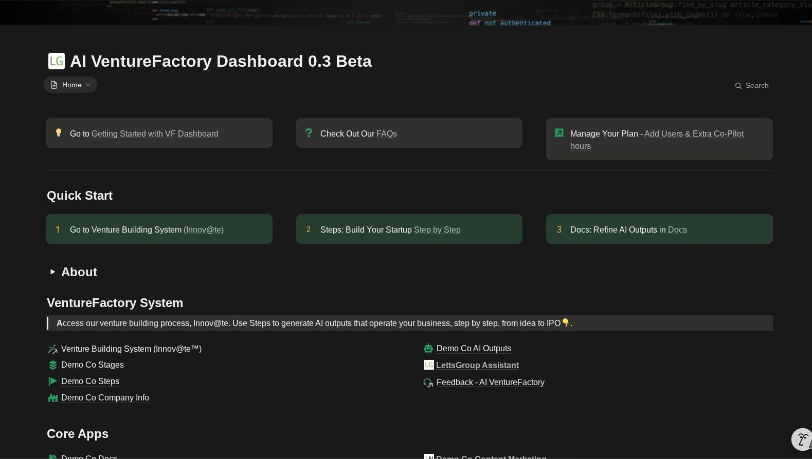 LettsGroup's AI VentureFactory Dashboard 0.5