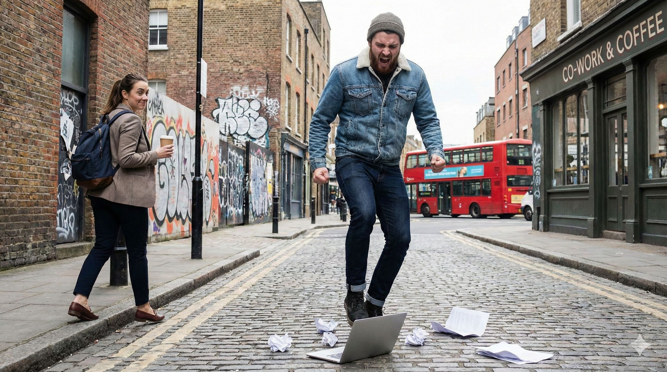 Startup Founder in Shoreditch Jumping on Laptop in Frustration