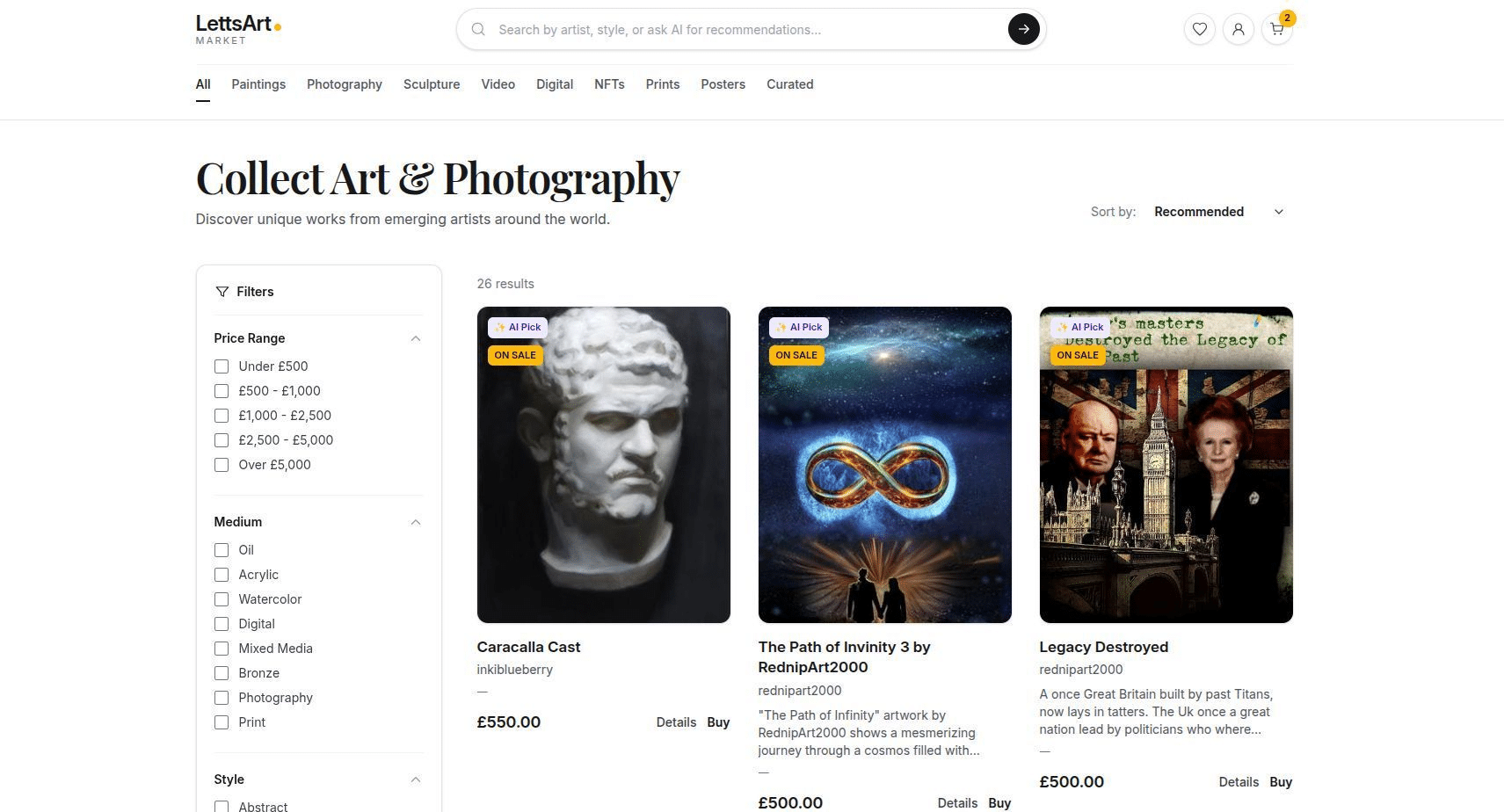 LettsArt Market Homepage at Launch - January 2026