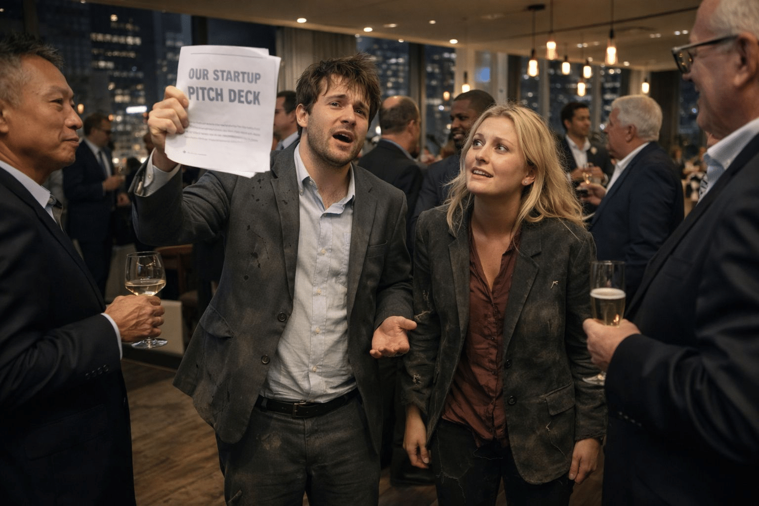 Two Early Stage Startup Founders at an Investor Drinks Party