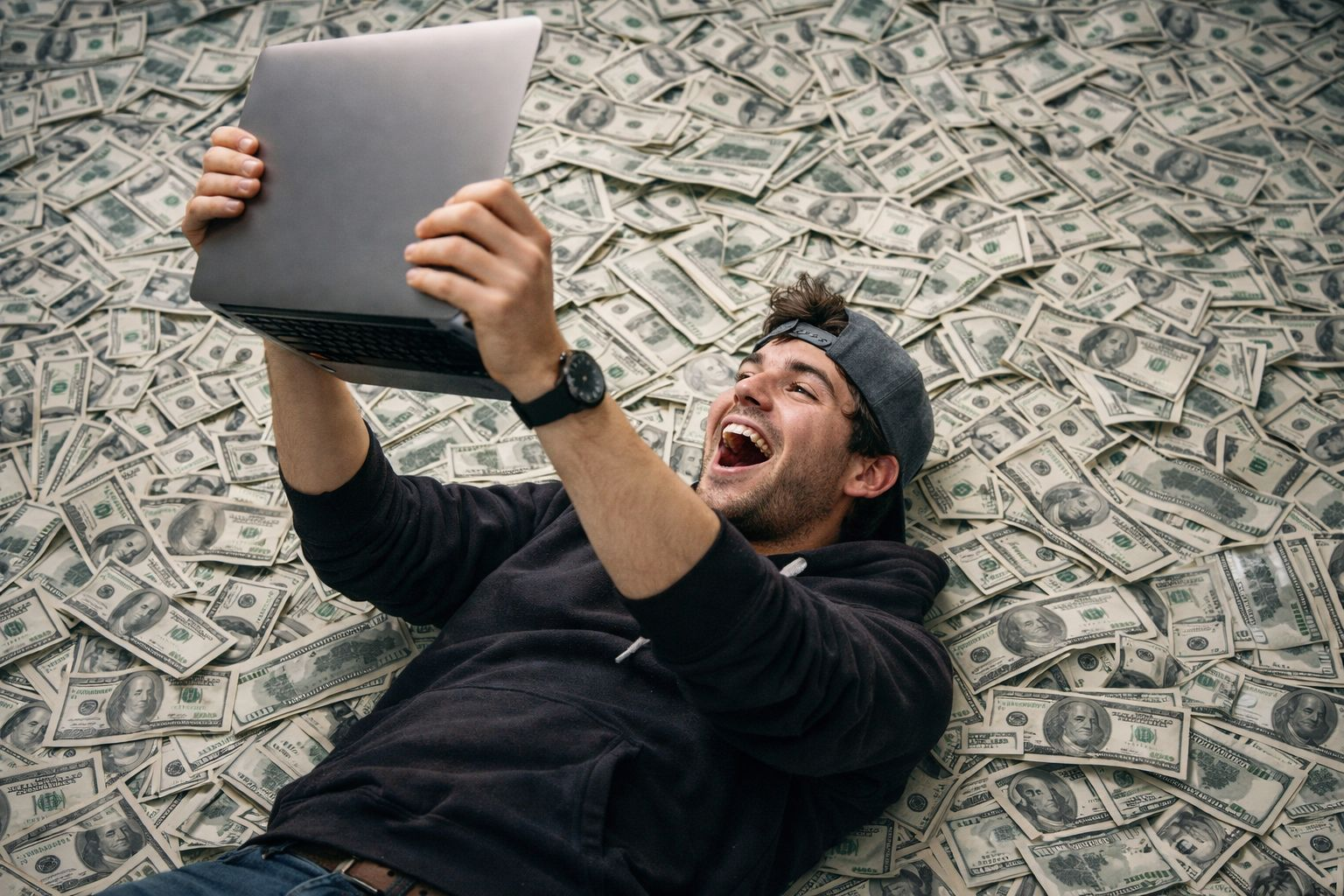 Founder Lying on Pile of Money Celebrating Raising Money
