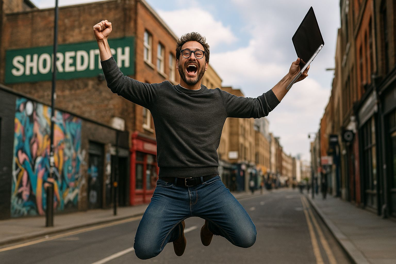 Tech Entrepreneur Jumping for Joy in Shoreditch, London
