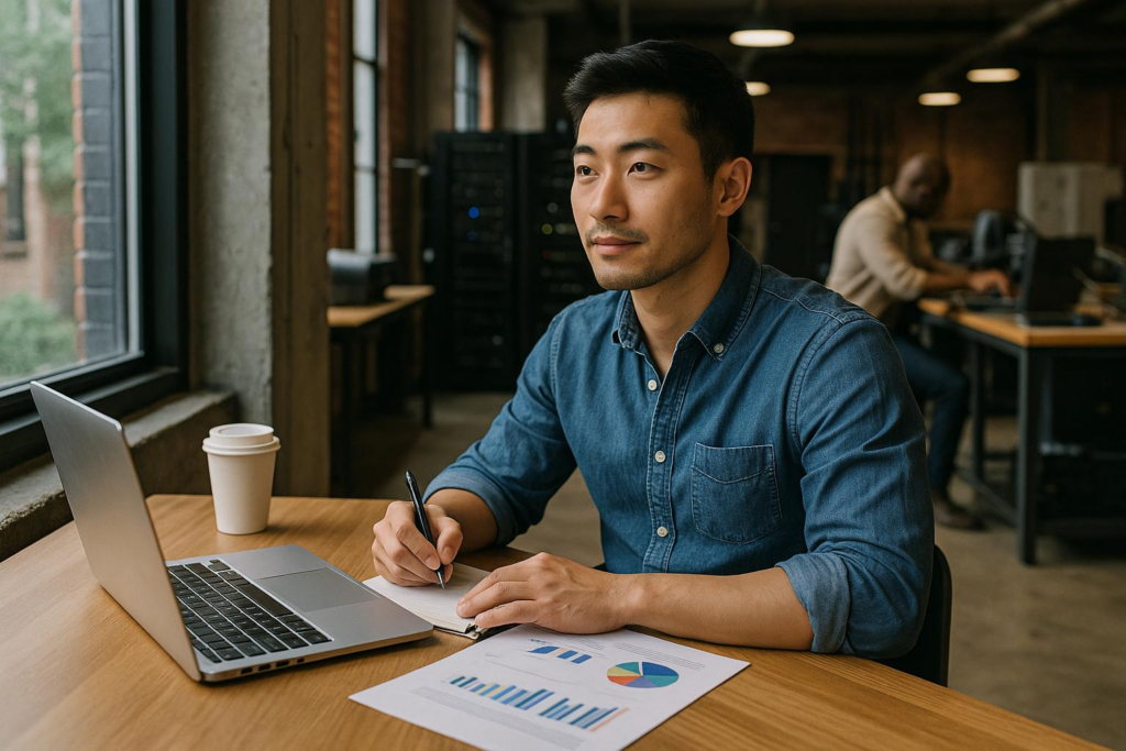Professional analyzing business data in modern office workspace