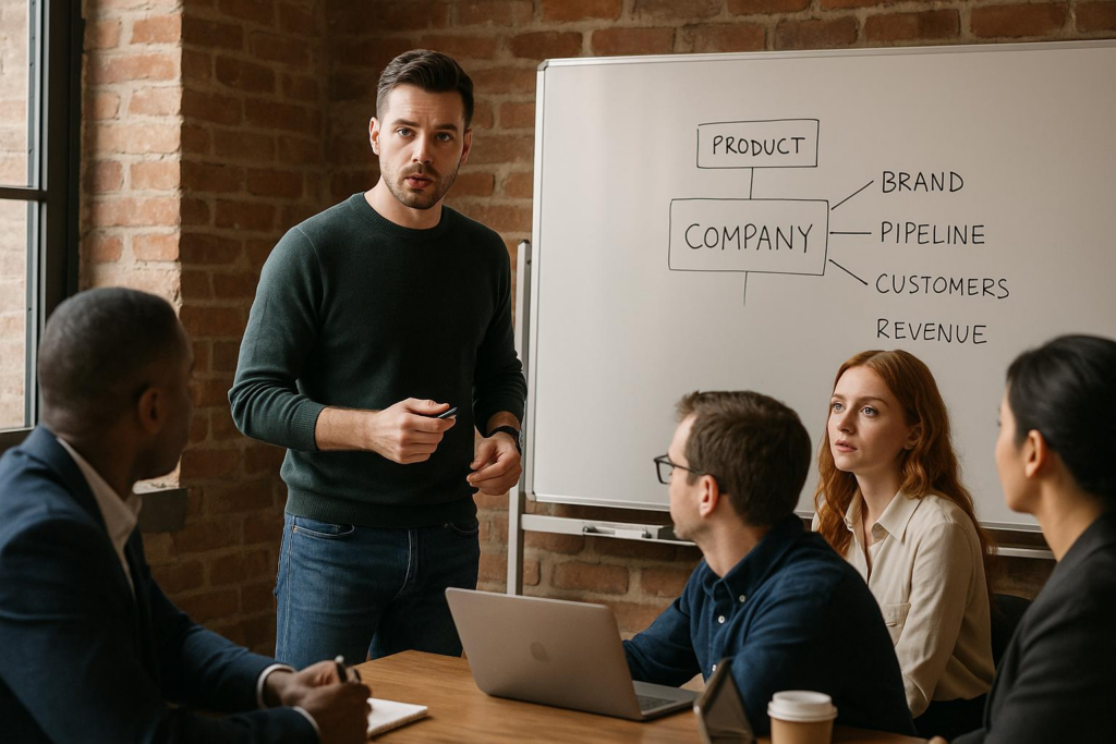 Business Strategy Meeting with Whiteboard Presentation