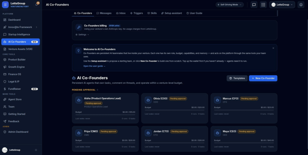 LettsGroup VentureFactory AI Co-Founders Screenshot
