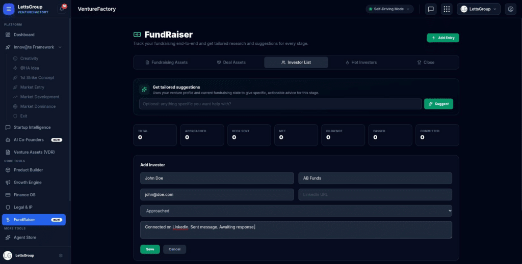 LettsGroup FundRaiser Dashboard - Adding Investors