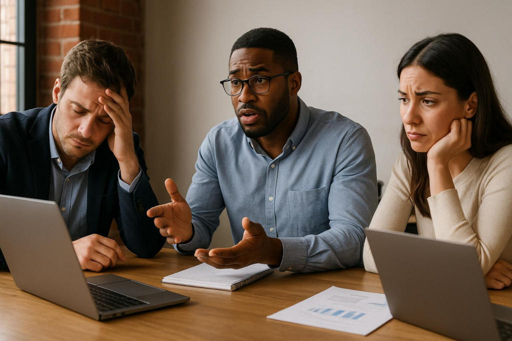 Stressed Business Team Reviewing Data During Crisis Meeting