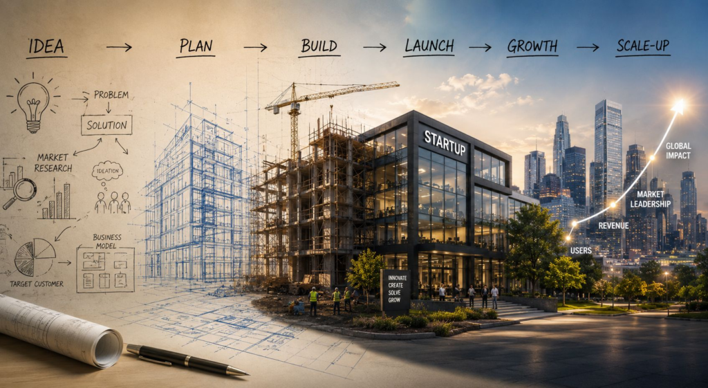 A startup emerging from blueprint sketches into a fully realised company