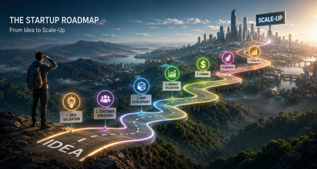 AI-generated startup roadmap stretching from idea to scale-up